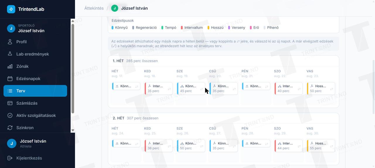 4-week training calendar on the TrintendLab athlete interface, colored by session type with weekly minute totals