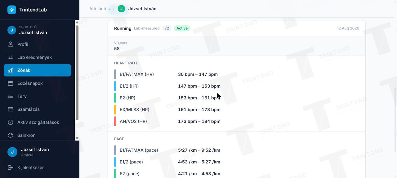 Running zone table on the TrintendLab athlete interface: heart rate and pace zones from a lab report