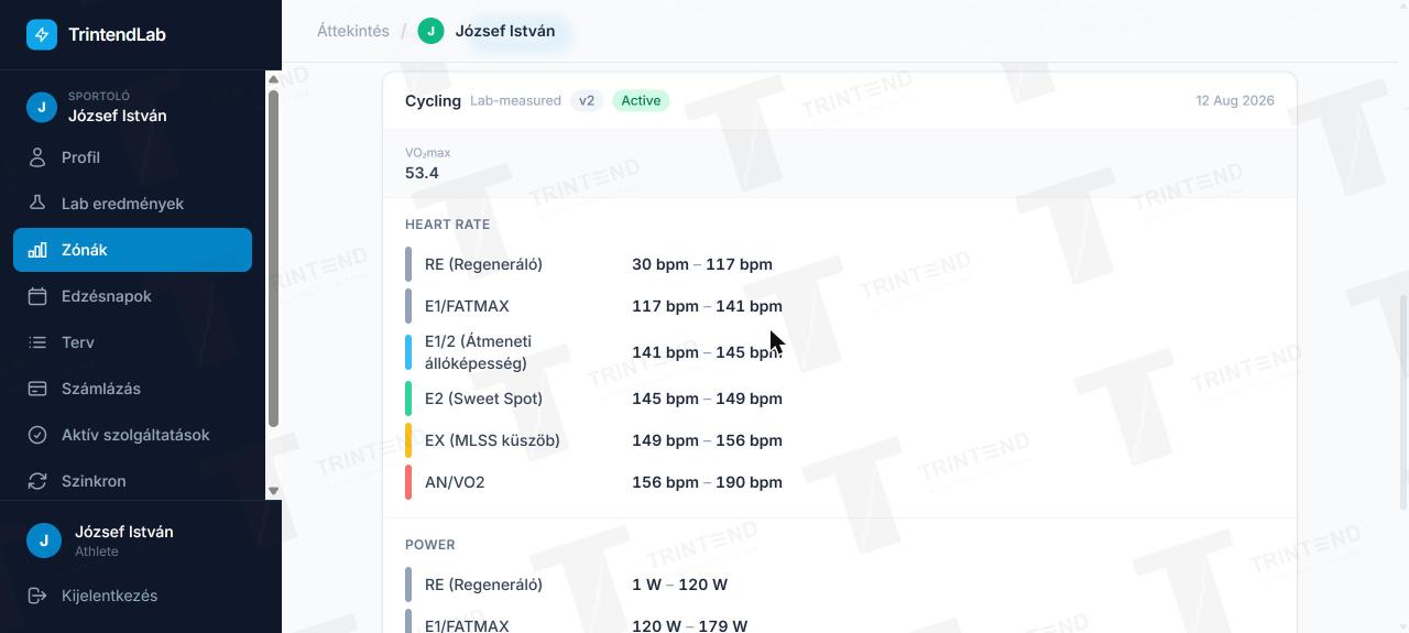 Cycling zone table on the TrintendLab athlete interface: heart rate and power zones
