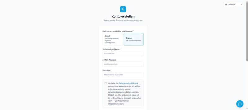 Die Registrierungsseite, als Trainer