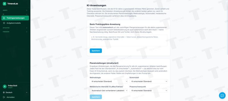 KI → Trainingsanweisungen: Grundanweisung und Planeinstellungen