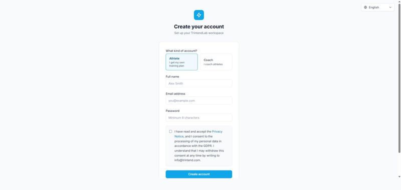 The sign-up page, as an athlete