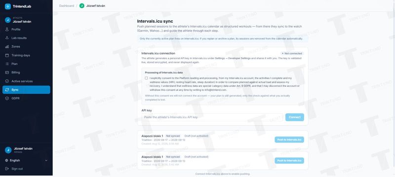 Sync: entering the Intervals.icu API key