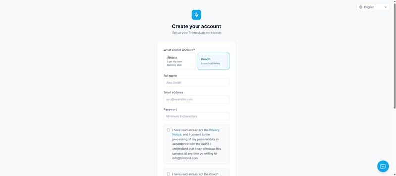 The sign-up page, as a coach