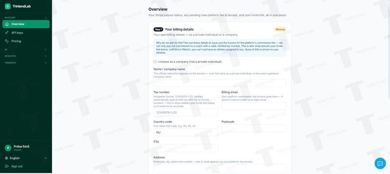 Overview: billing details and Stripe payout status