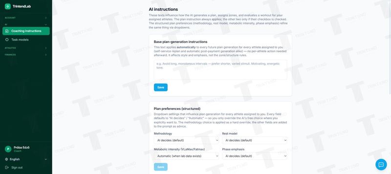 AI → Training instructions: base instruction and plan settings