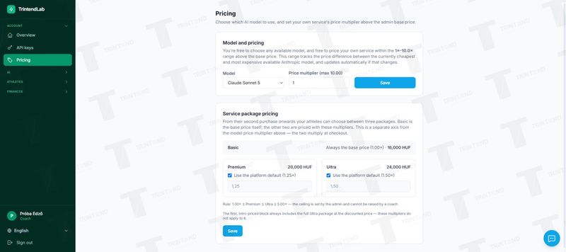 Pricing: model, multiplier and package surcharges
