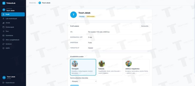 Profil → AI edzéstárs avatar