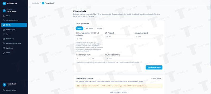 Zónák: saját értékek és a T0 teszt kérése