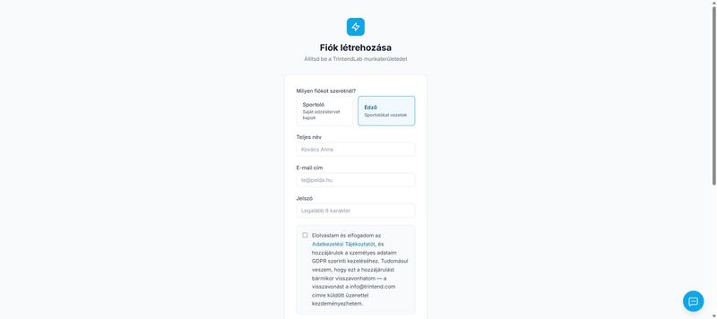 A regisztrációs oldal, edzőként