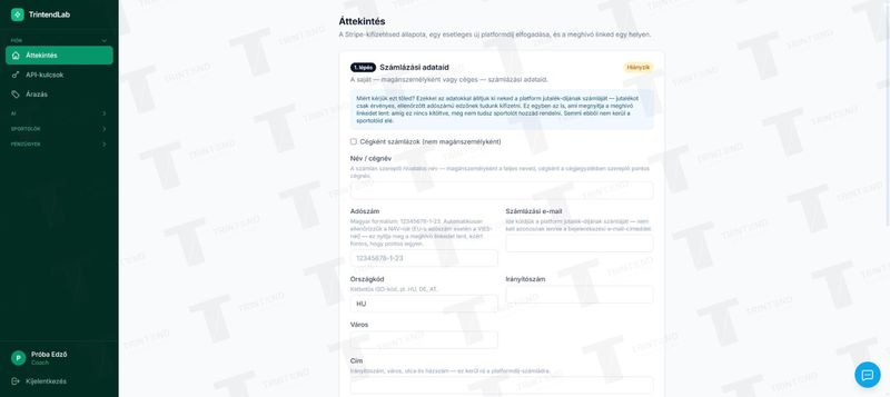 Áttekintés: számlázási adatok és a Stripe-kifizetés állapota
