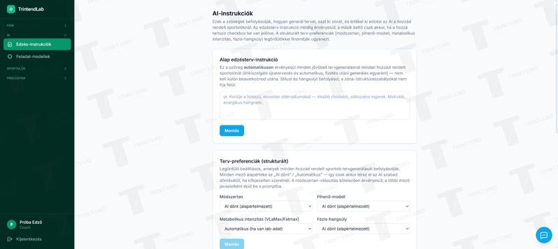 AI → Edzés-instrukciók: alapinstrukció és terv-beállítások